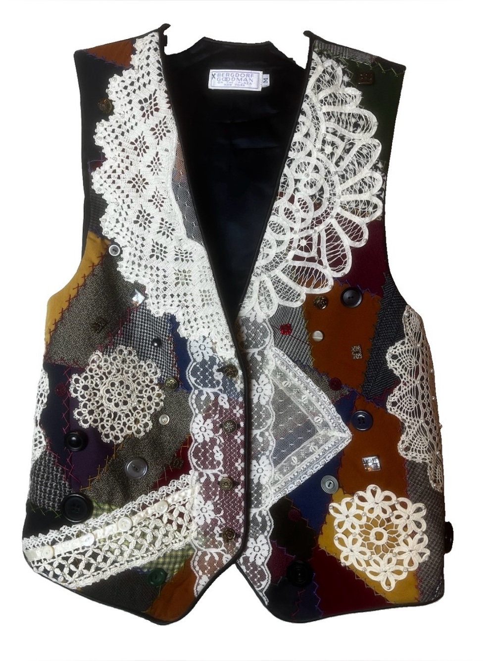 Vintage Bergdorf Goodman Patchwork Lace Vest with Eclectic Hardware Size M